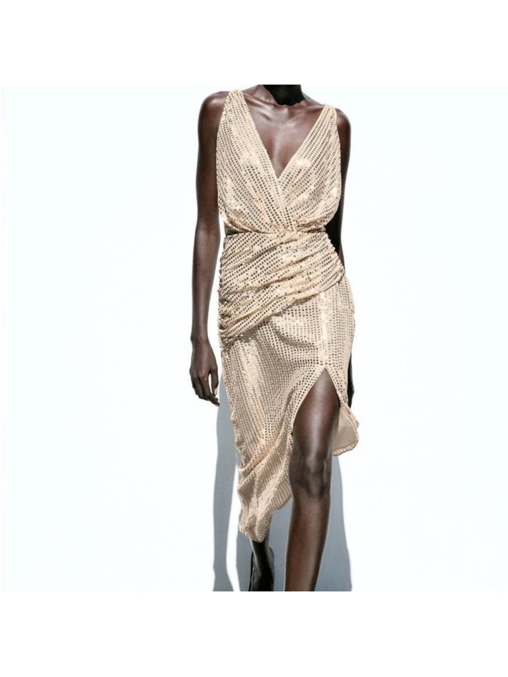 Zara Gold Sequined Ruched Draped Waist V Neck Asymmetrical Hem Dress Sze XL NWT